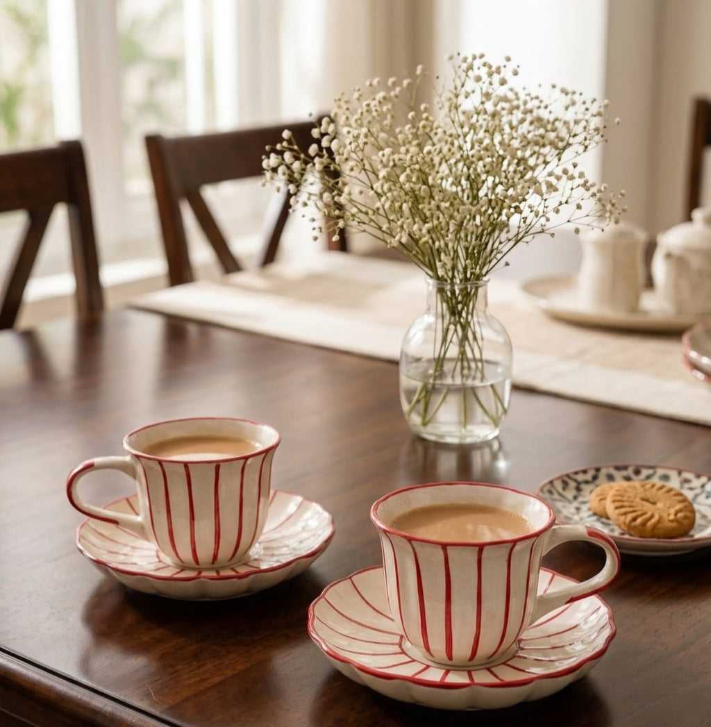 Set of 2 - Red Striped Cup and Saucer