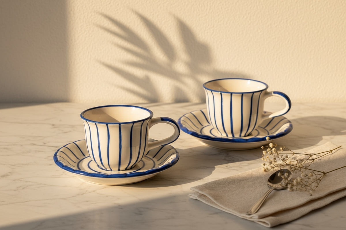Blue Striped Cup & Saucer — Set of 2