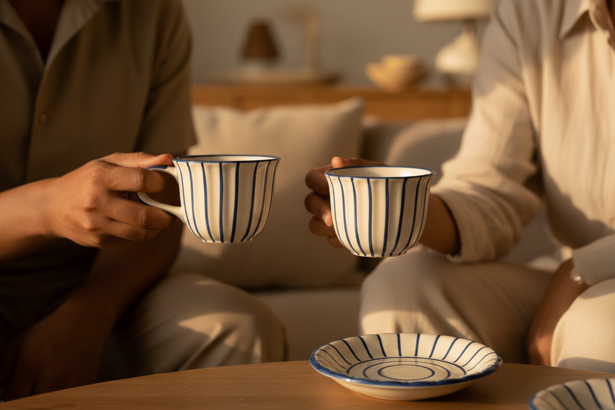 Blue Striped Cups — Home Setting
