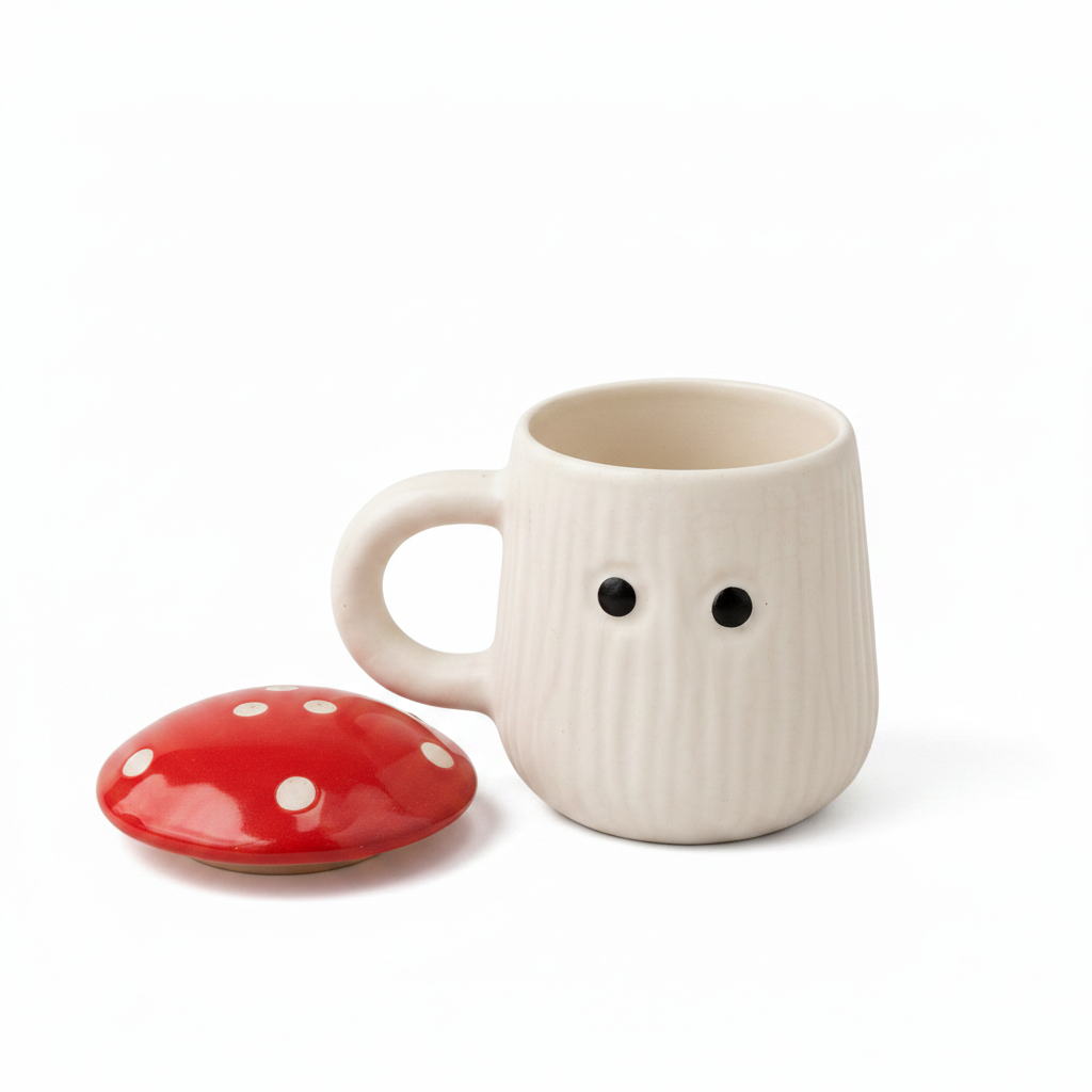 Handmade ceramic mug with removable red mushroom cap lid on white background