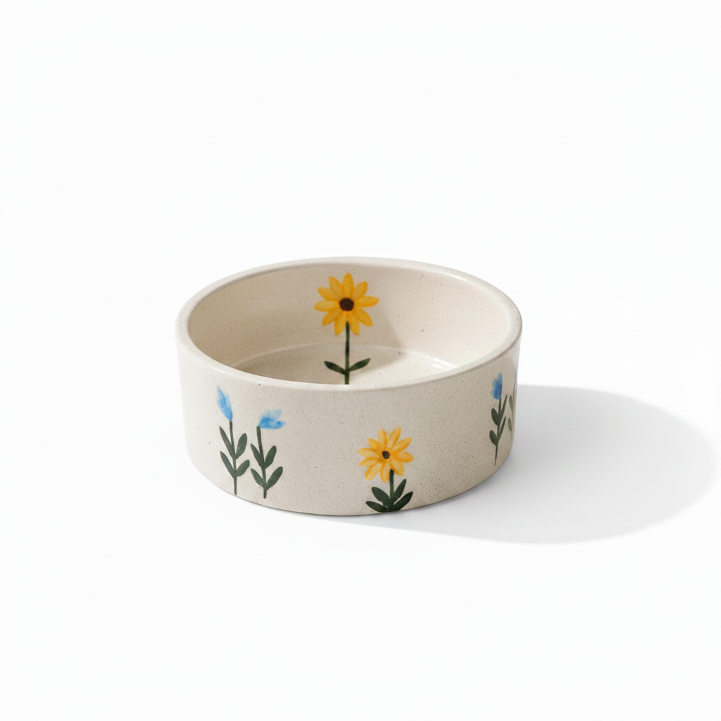 Handmade ceramic bowl with hand-painted wildflower motifs on white background