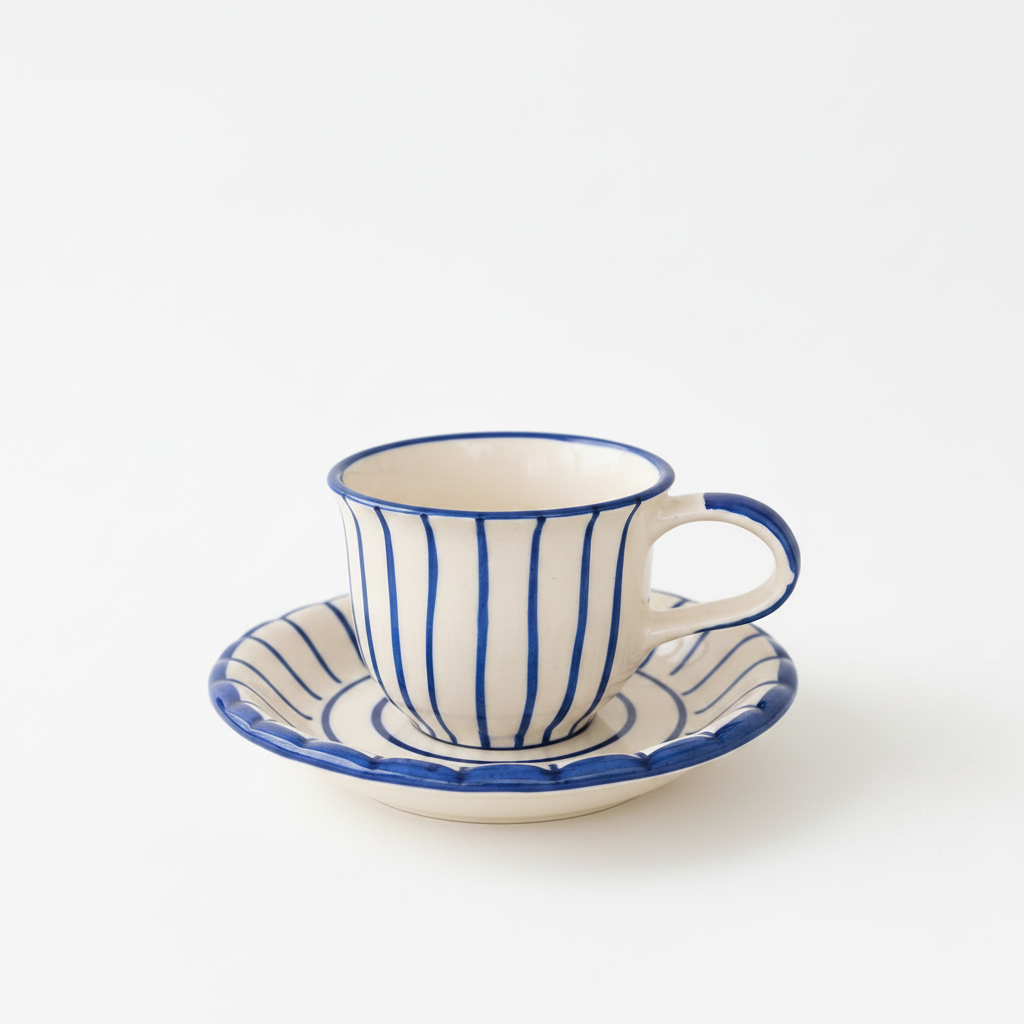 Handmade ceramic cup and saucer set with hand-painted blue vertical stripes on white background